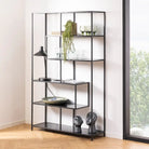 Seaford Black Metal Large Asymmetrical Bookcase with 5 Black Shelves - Price Crash Furniture