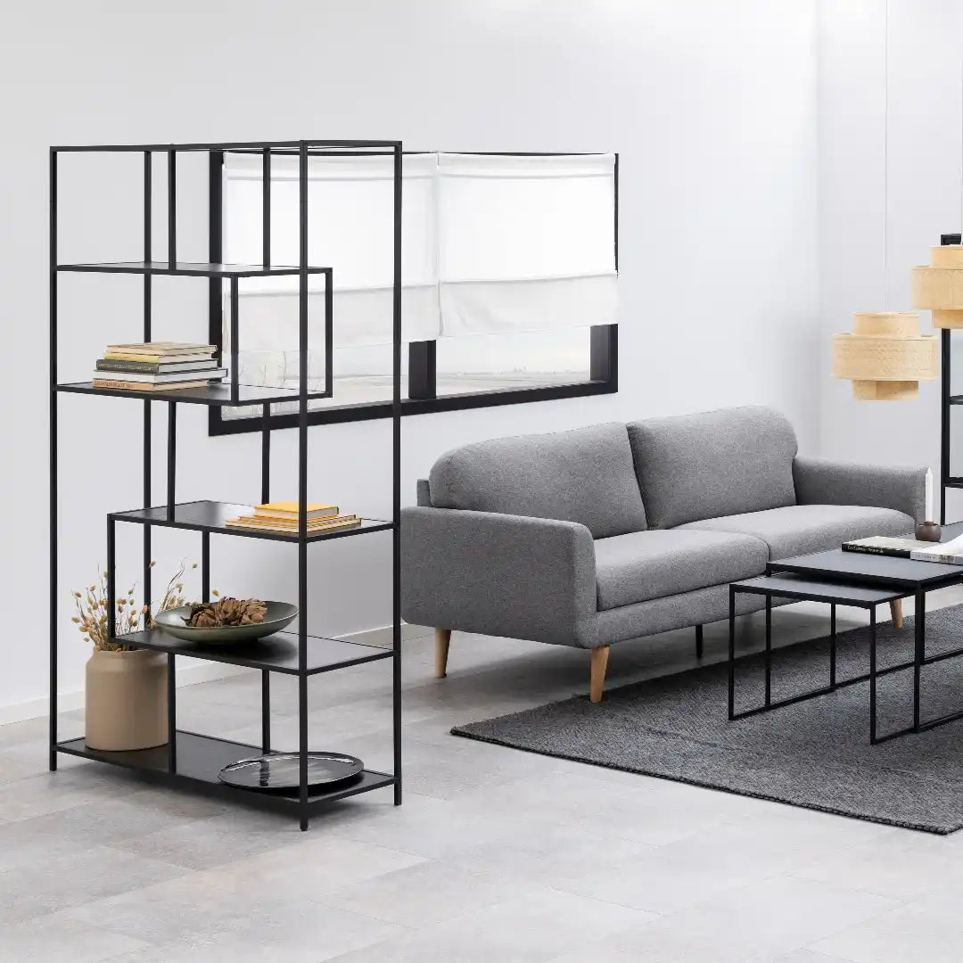 Seaford Black Metal Large Asymmetrical Bookcase with 5 Black Shelves - Price Crash Furniture