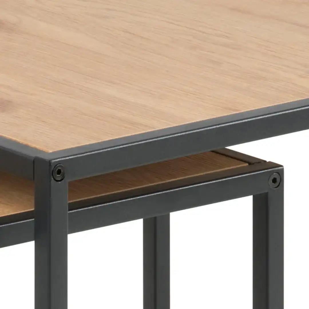 Seaford Black Metal Nest of Tables with Oak Top - Price Crash Furniture