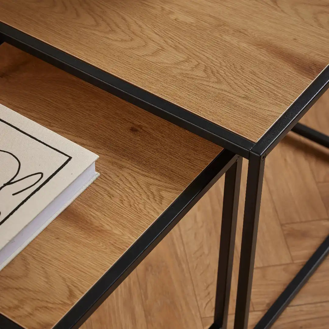 Seaford Black Metal Nest of Tables with Oak Top - Price Crash Furniture