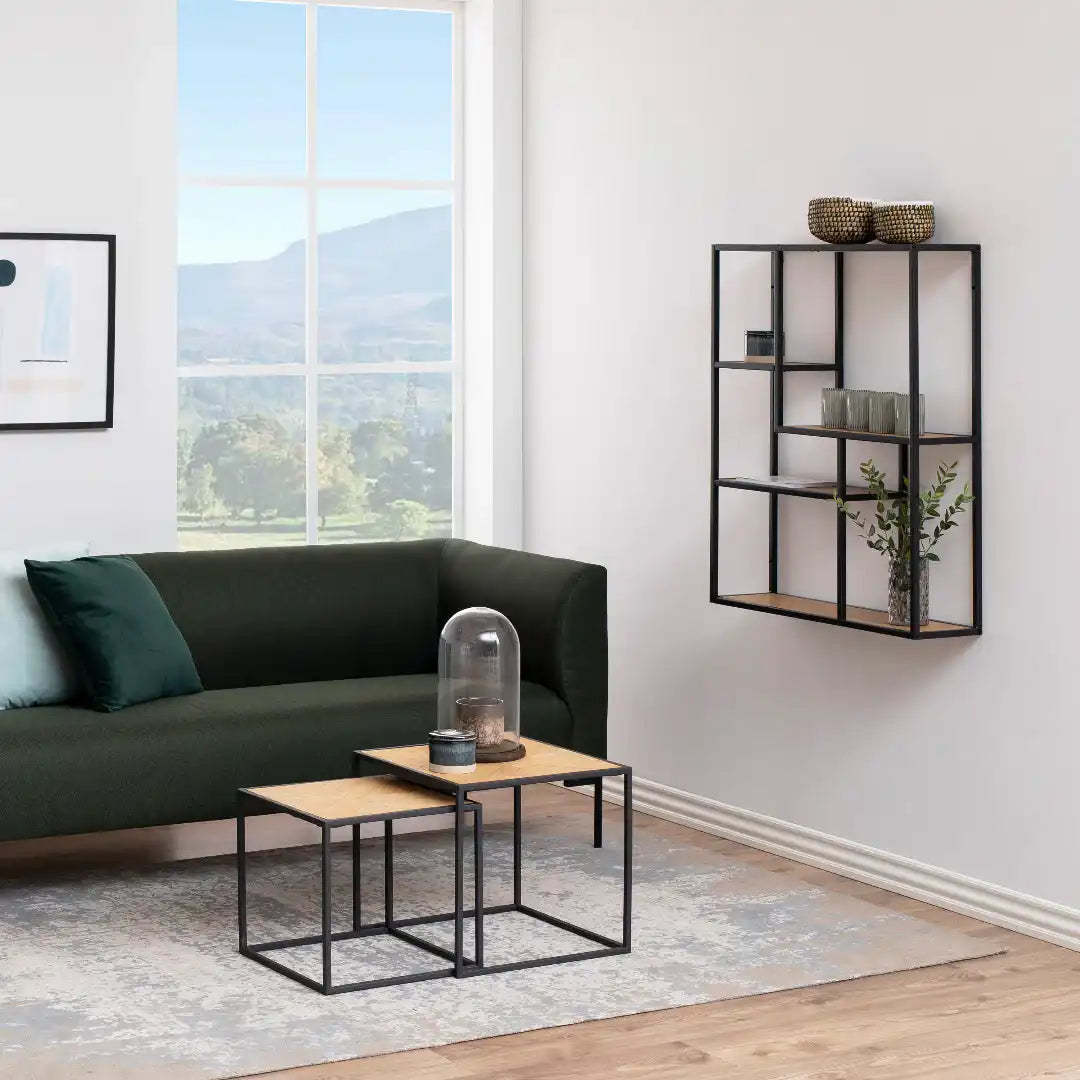 Seaford Black Metal Wide Wall Shelf with 3 Additional Oak Shelves - Price Crash Furniture