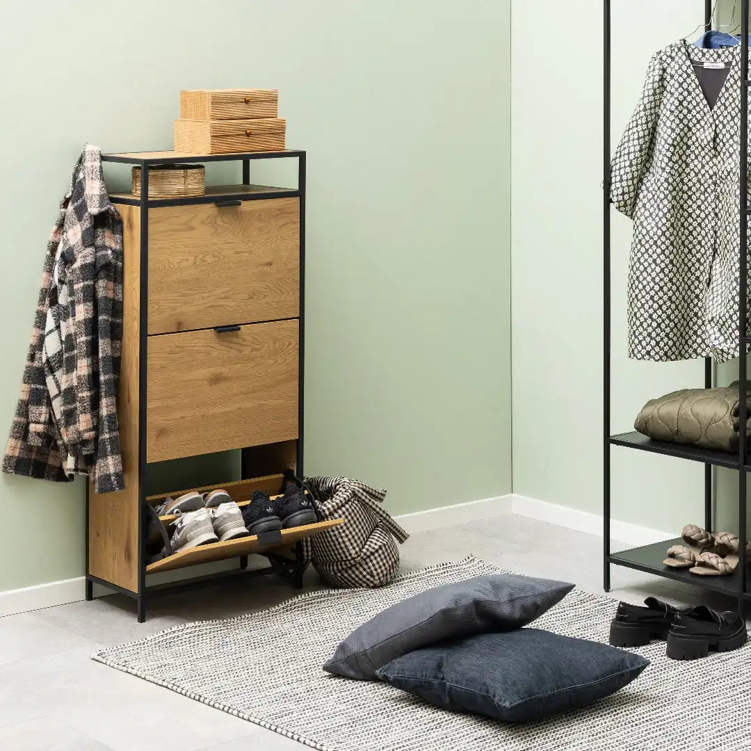 Seaford Shoe Cabinet in Black and Oak - Price Crash Furniture