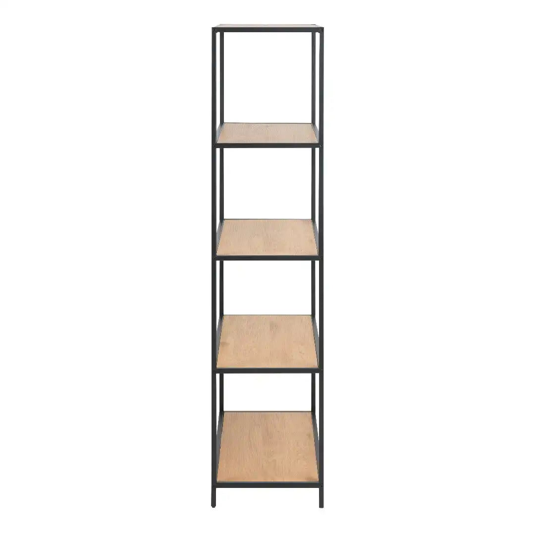 Seaford Tall Black Metal Bookcase with 4 Oak Shelves - Price Crash Furniture