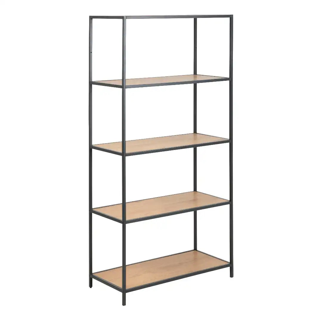 Seaford Tall Black Metal Bookcase with 4 Oak Shelves - Price Crash Furniture