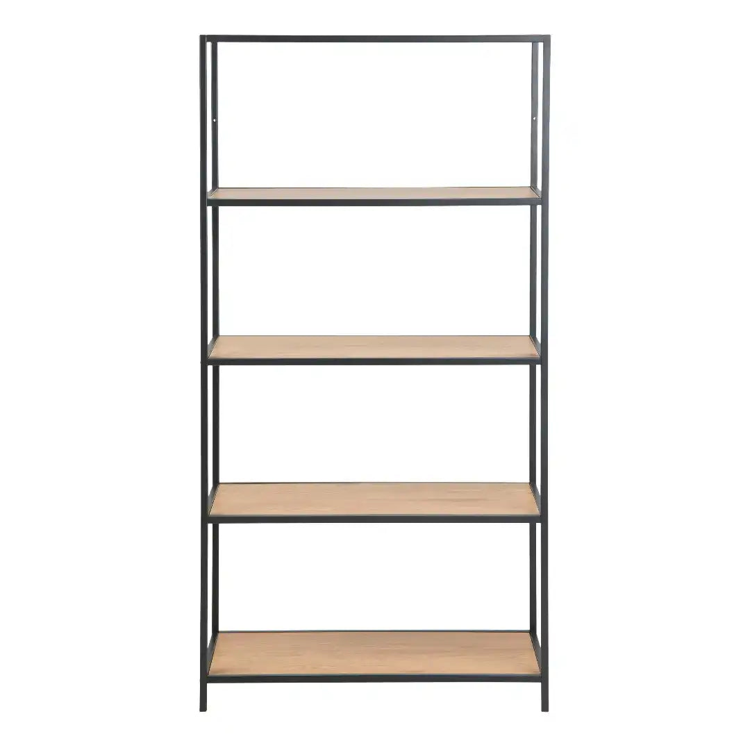Seaford Tall Black Metal Bookcase with 4 Oak Shelves - Price Crash Furniture