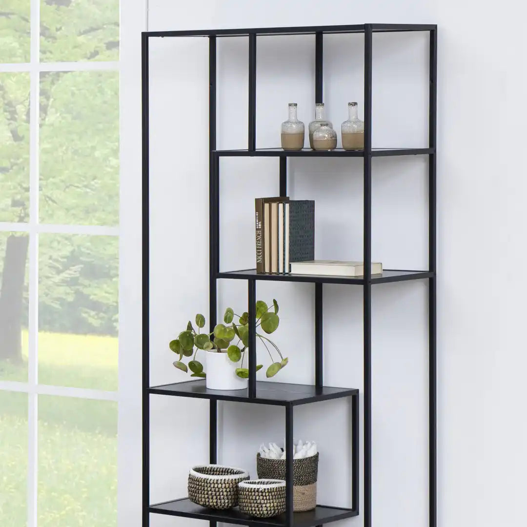 Seaford Tall Black Metal Bookcase with 5 Black Shelves - Price Crash Furniture