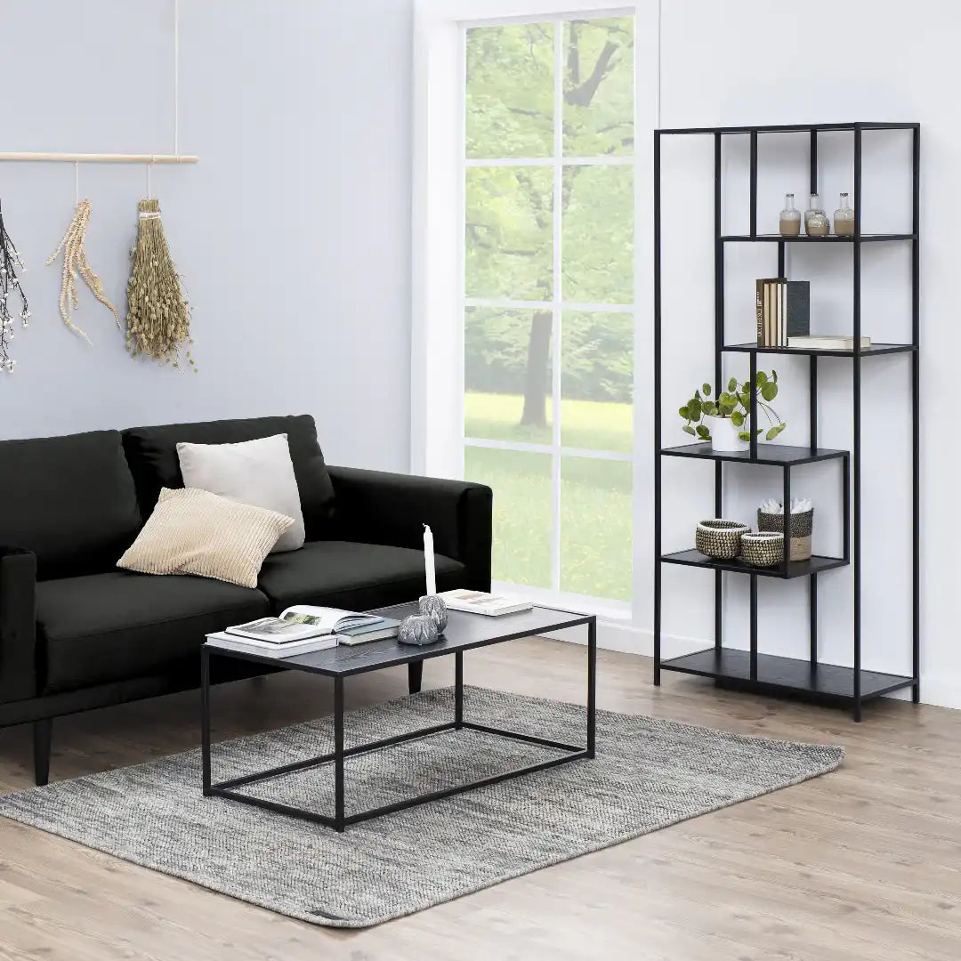 Seaford Tall Black Metal Bookcase with 5 Black Shelves - Price Crash Furniture