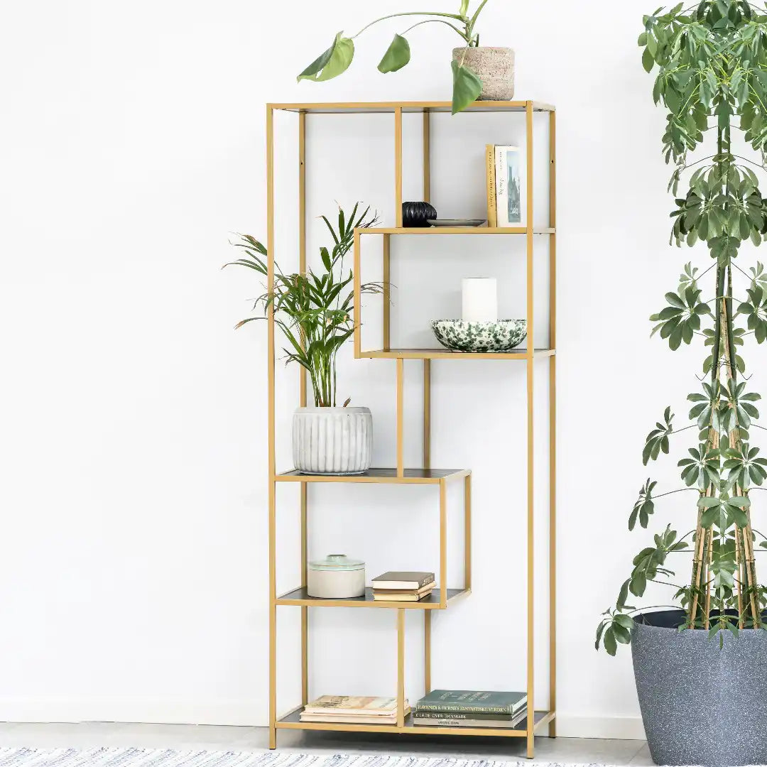 Seaford Tall Gold Metal Bookcase with 5 Black Shelves - Price Crash Furniture