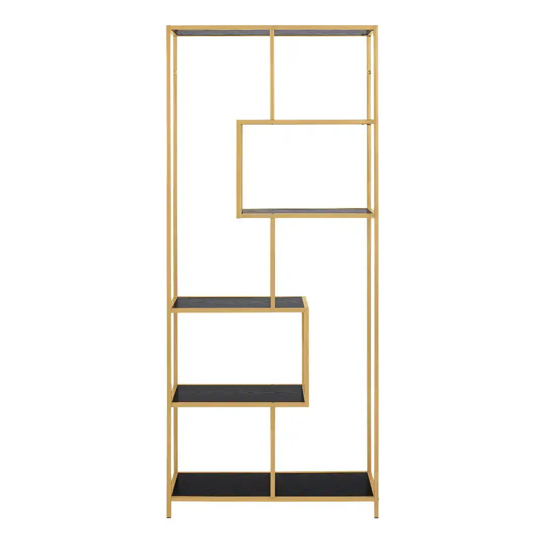 Seaford Tall Gold Metal Bookcase with 5 Black Shelves - Price Crash Furniture