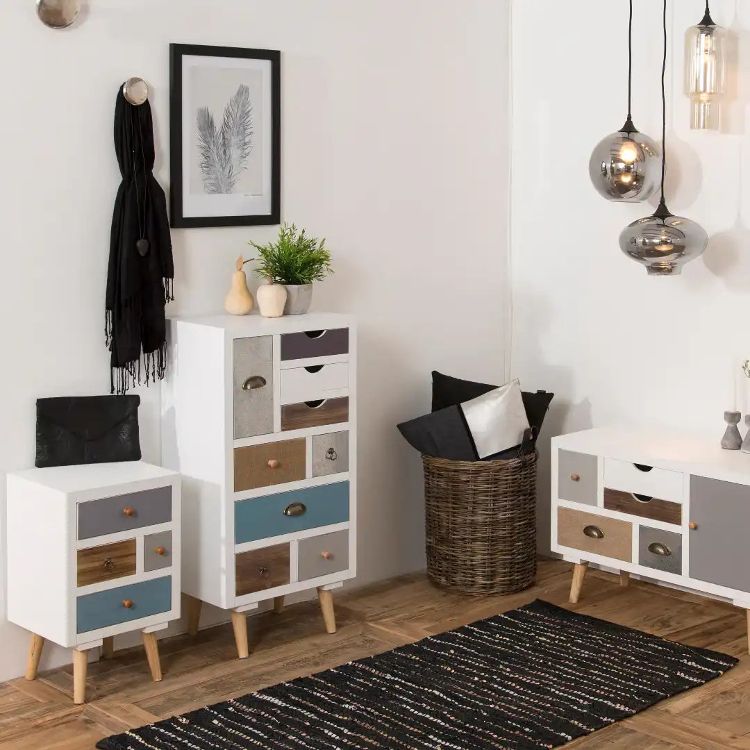 Thais White Shabby Chic Multi Coloured 9 Drawer Chest - Price Crash Furniture