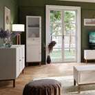 Wensley Display Cabinet with 1 Door 1 Drawer and 1 Glass Door in Light Grey and Oak - Price Crash Furniture