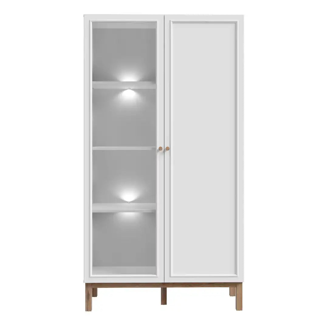 Wensley Display Cabinet with 1 Door and 1 Glass Door in Light Grey and Oak inc LED Lighting - Price Crash Furniture