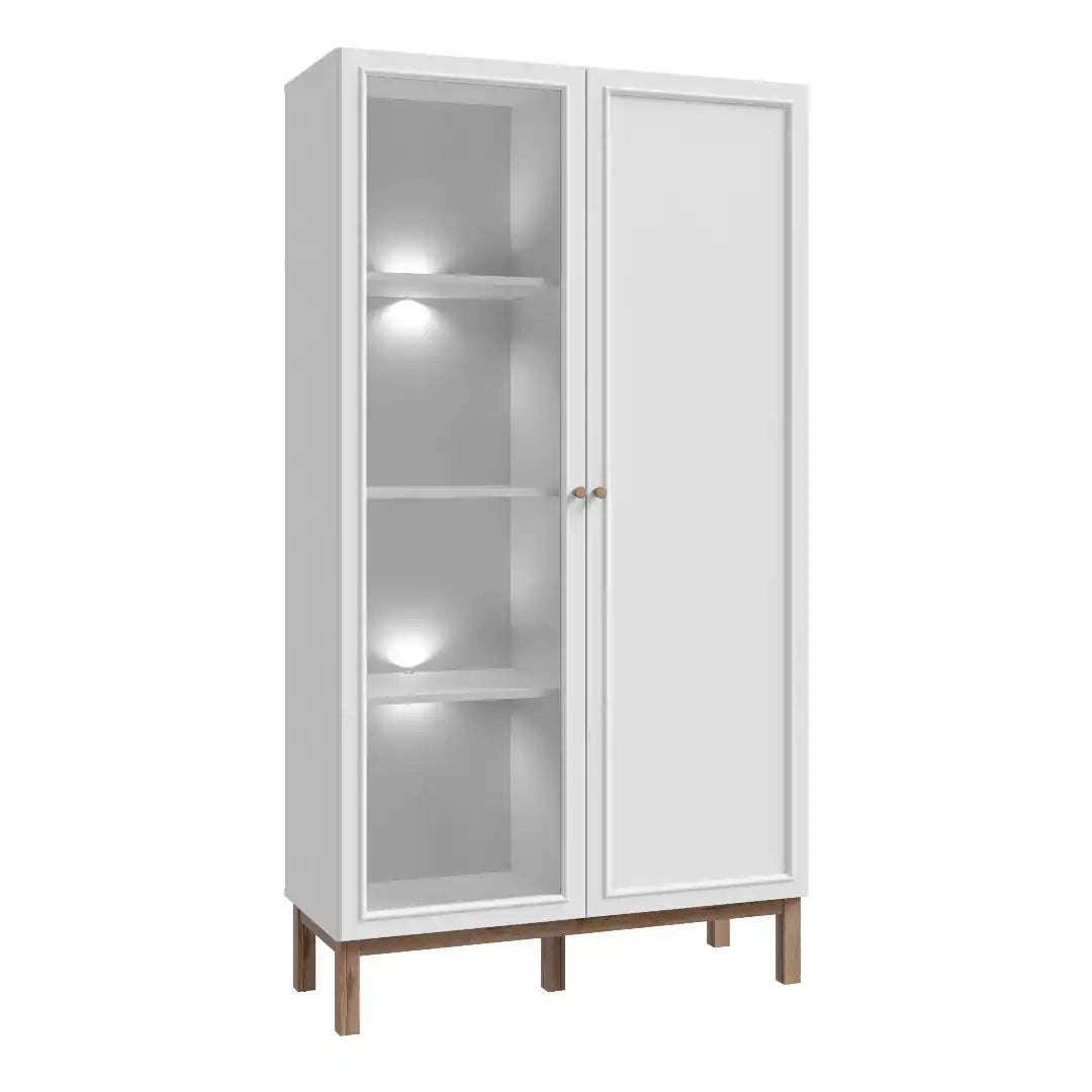 Wensley Display Cabinet with 1 Door and 1 Glass Door in Light Grey and Oak inc LED Lighting - Price Crash Furniture
