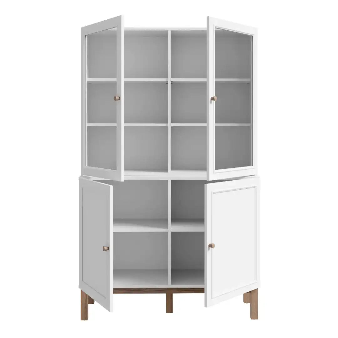 Wensley Display Cabinet with 2 Doors and 2 Glass Doors in Light Grey and Oak - Price Crash Furniture