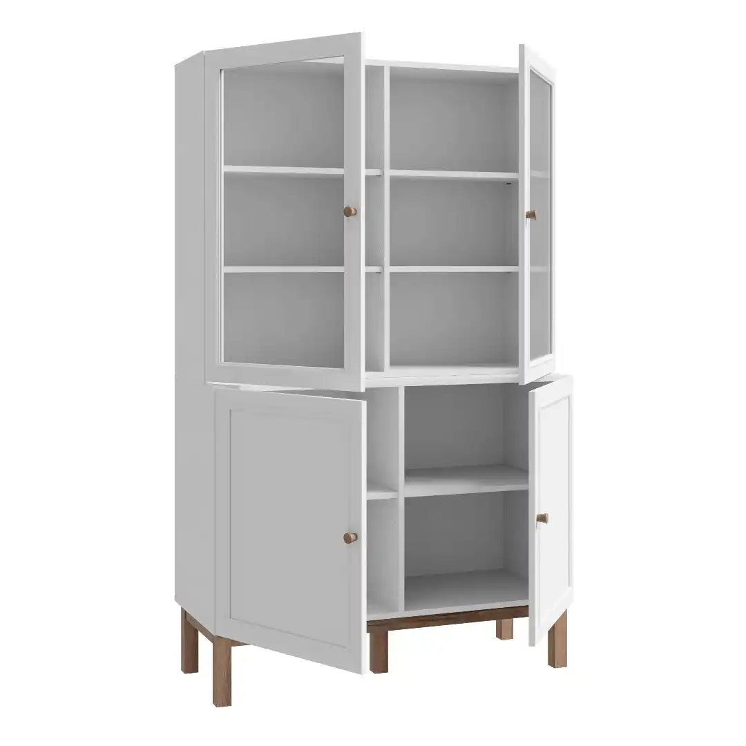 Wensley Display Cabinet with 2 Doors and 2 Glass Doors in Light Grey and Oak - Price Crash Furniture