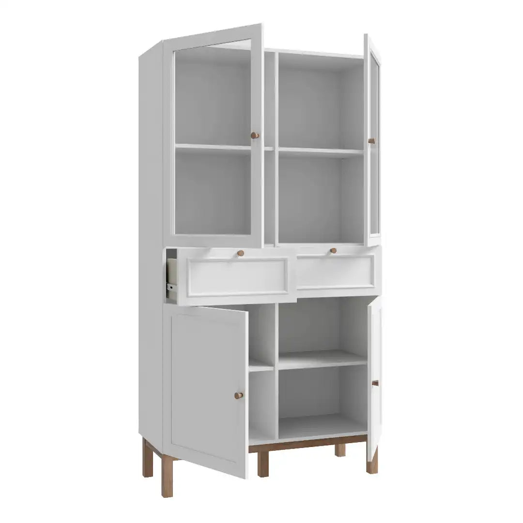 Wensley Display Cabinet with 2 Doors 2 Drawers and 2 Glass Doors in Light Grey and Oak inc LED Lighting - Price Crash Furniture