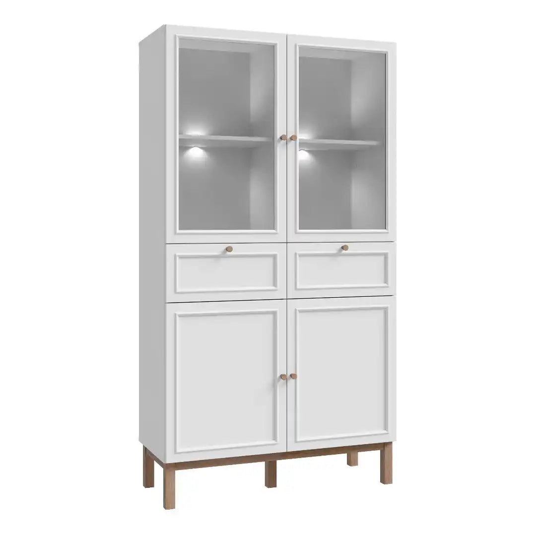 Wensley Display Cabinet with 2 Doors 2 Drawers and 2 Glass Doors in Light Grey and Oak inc LED Lighting - Price Crash Furniture