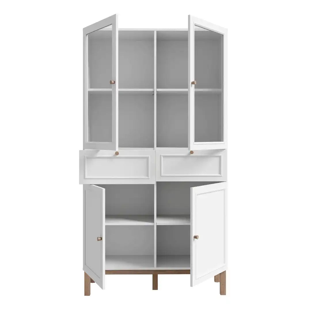 Wensley Display Cabinet with 2 Doors 2 Drawers and 2 Glass Doors in Light Grey and Oak inc LED Lighting - Price Crash Furniture
