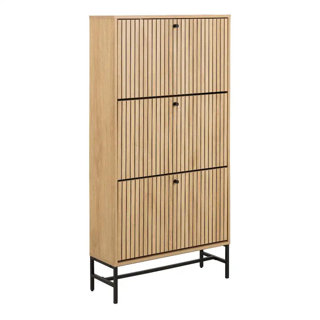 Albany Shoe Cabinet 3 Flip Down Doors in Oak/Black Legs - Price Crash Furniture