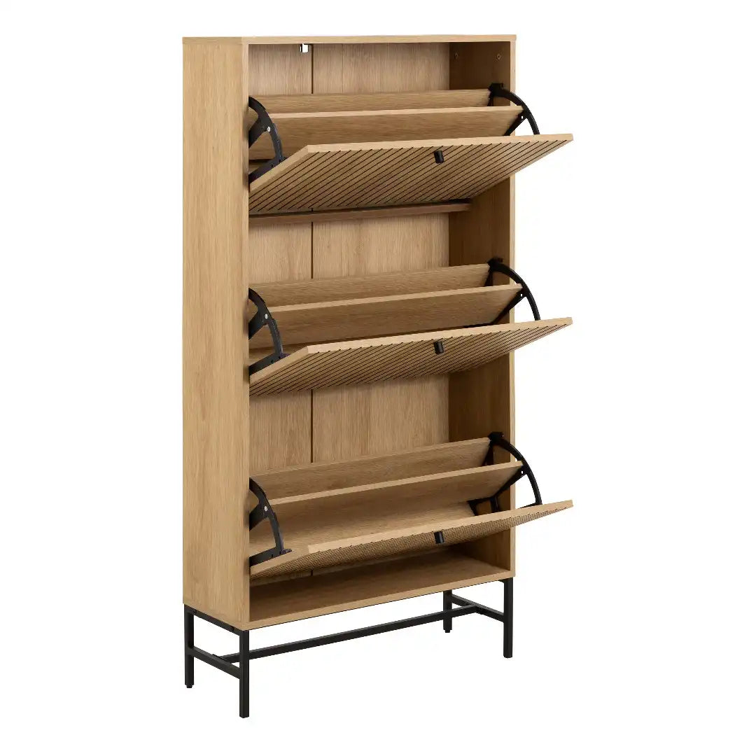 Albany Shoe Cabinet 3 Flip Down Doors in Oak/Black Legs - Price Crash Furniture