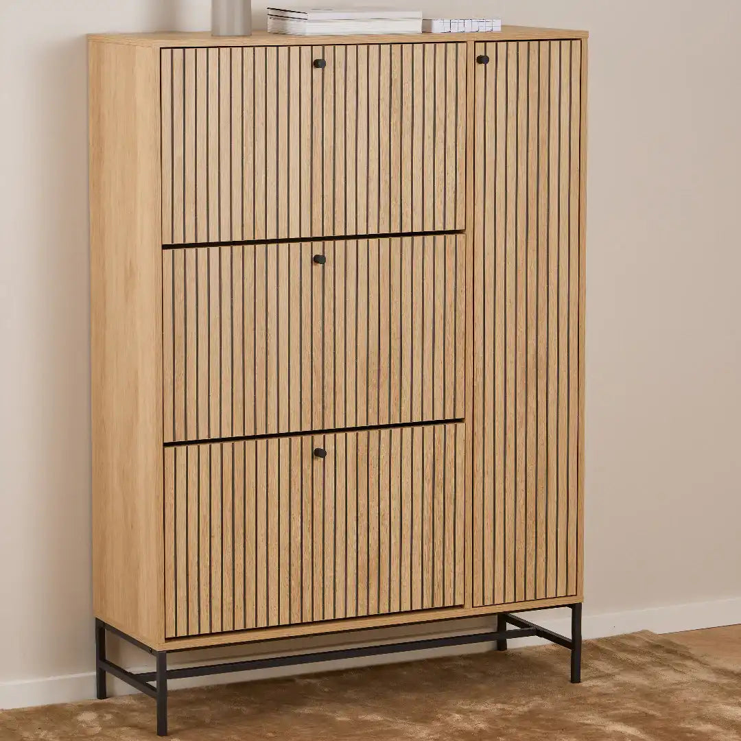 Albany Shoe Cabinet 3 Flip Down Doors 1 Pull Open Door in Oak/Black Legs - Price Crash Furniture