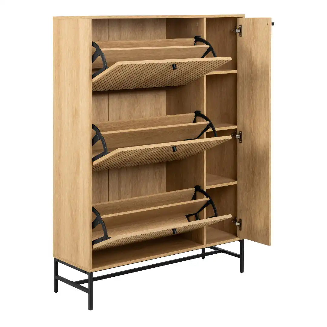 Albany Shoe Cabinet 3 Flip Down Doors 1 Pull Open Door in Oak/Black Legs - Price Crash Furniture