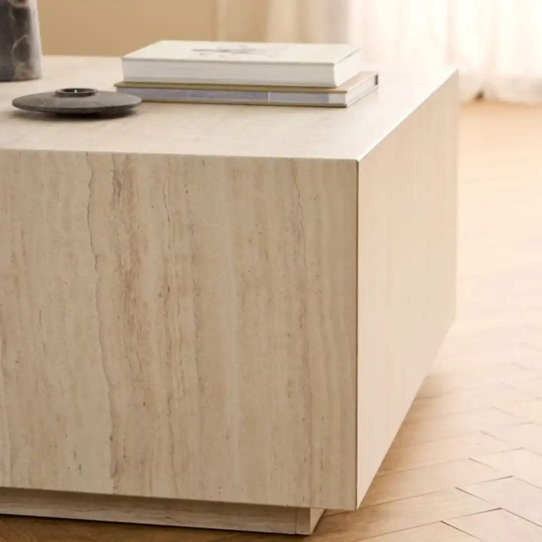 Dice Square Coffee Table in Light Travertine Effect 90x90x42cm - Price Crash Furniture