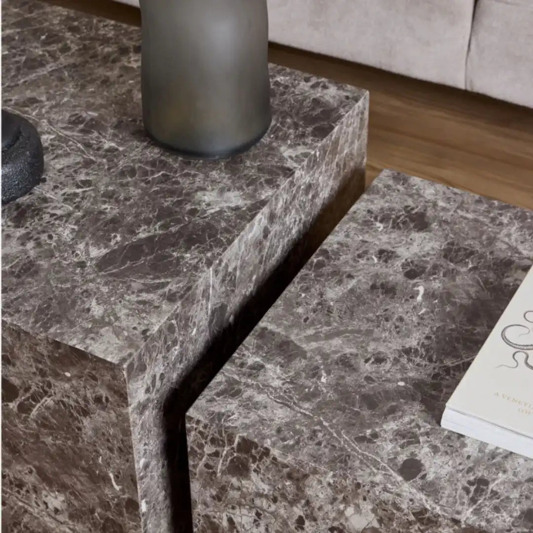 Dice Square Coffee Table Set in Light Brown Emperador Rough Paper - Price Crash Furniture