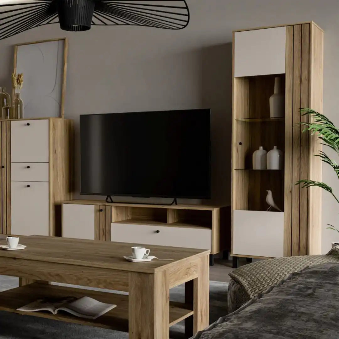 Grafton Glass Door Display Cabinet in Cream and Oak - Price Crash Furniture