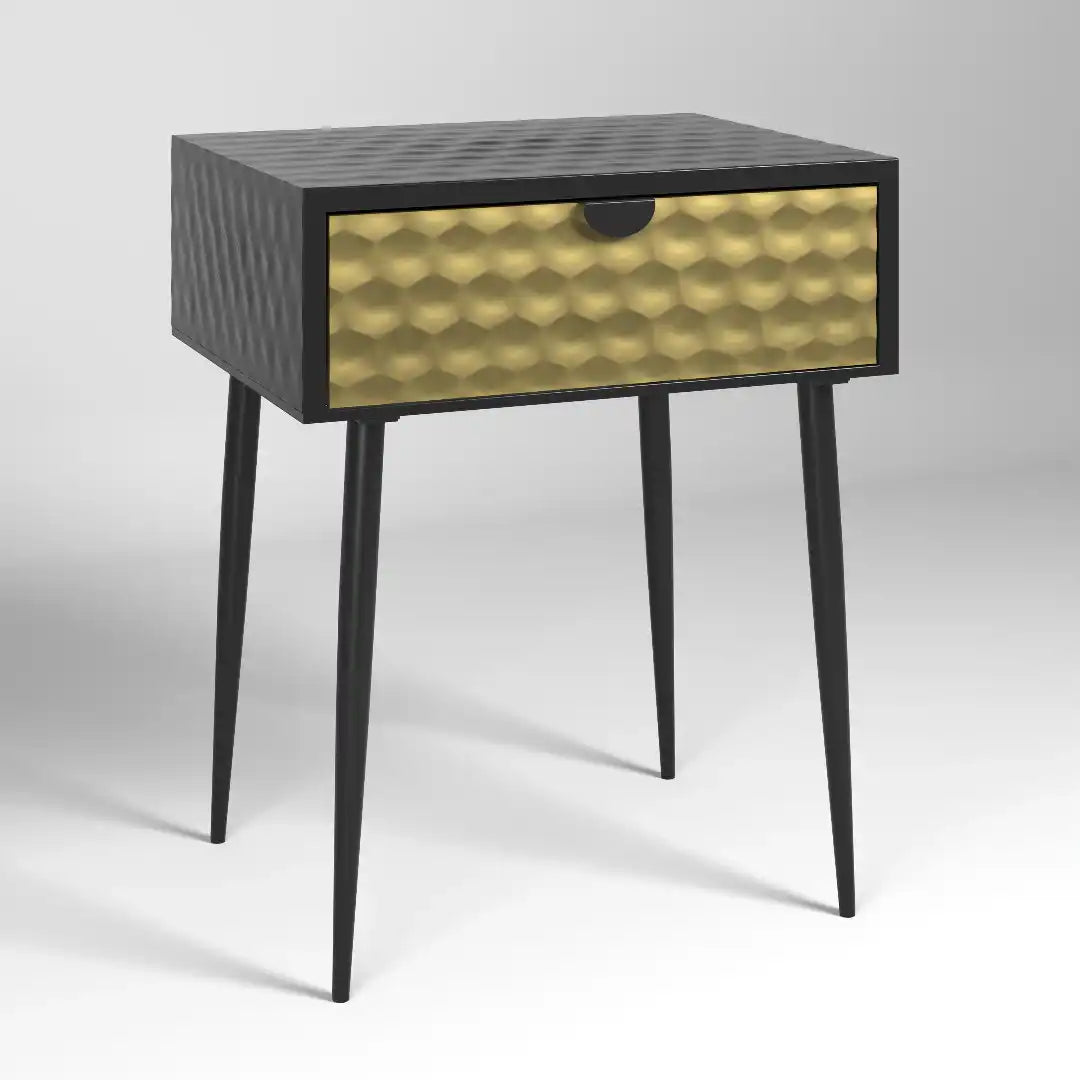 Options Jupiter metal 1 drawer bedside cabinet, gold drawer with black handle and legs - Price Crash Furniture