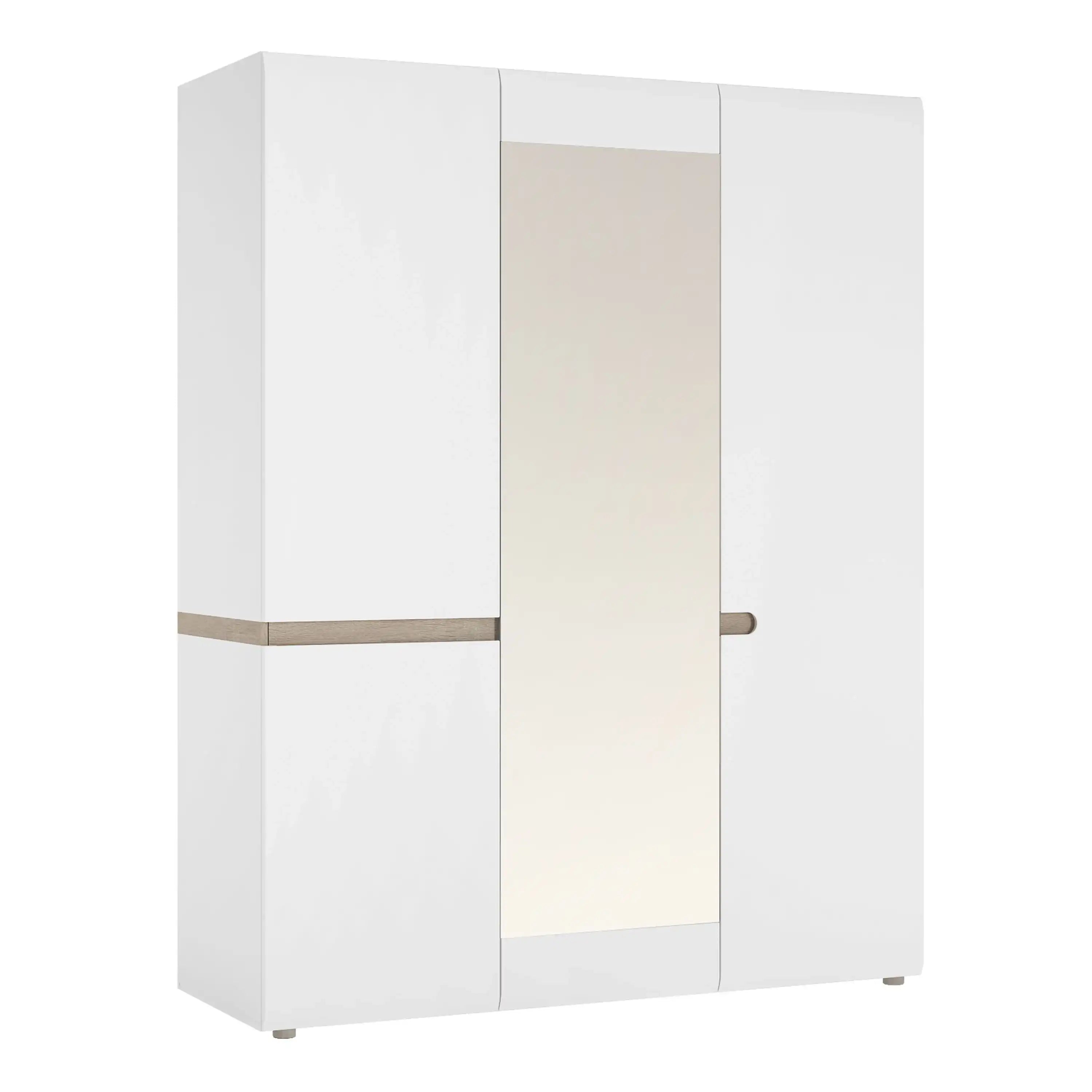Chelsea Bedroom 3 Door Wardrobe with Mirror in White with a Truffle Oak Trim - Price Crash Furniture