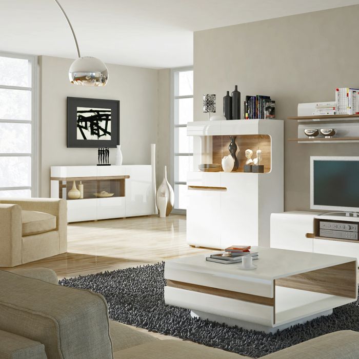 Chelsea Living 2 Drawer 3 Door Sideboard in White Gloss With Truffle Oak Trim - Price Crash Furniture