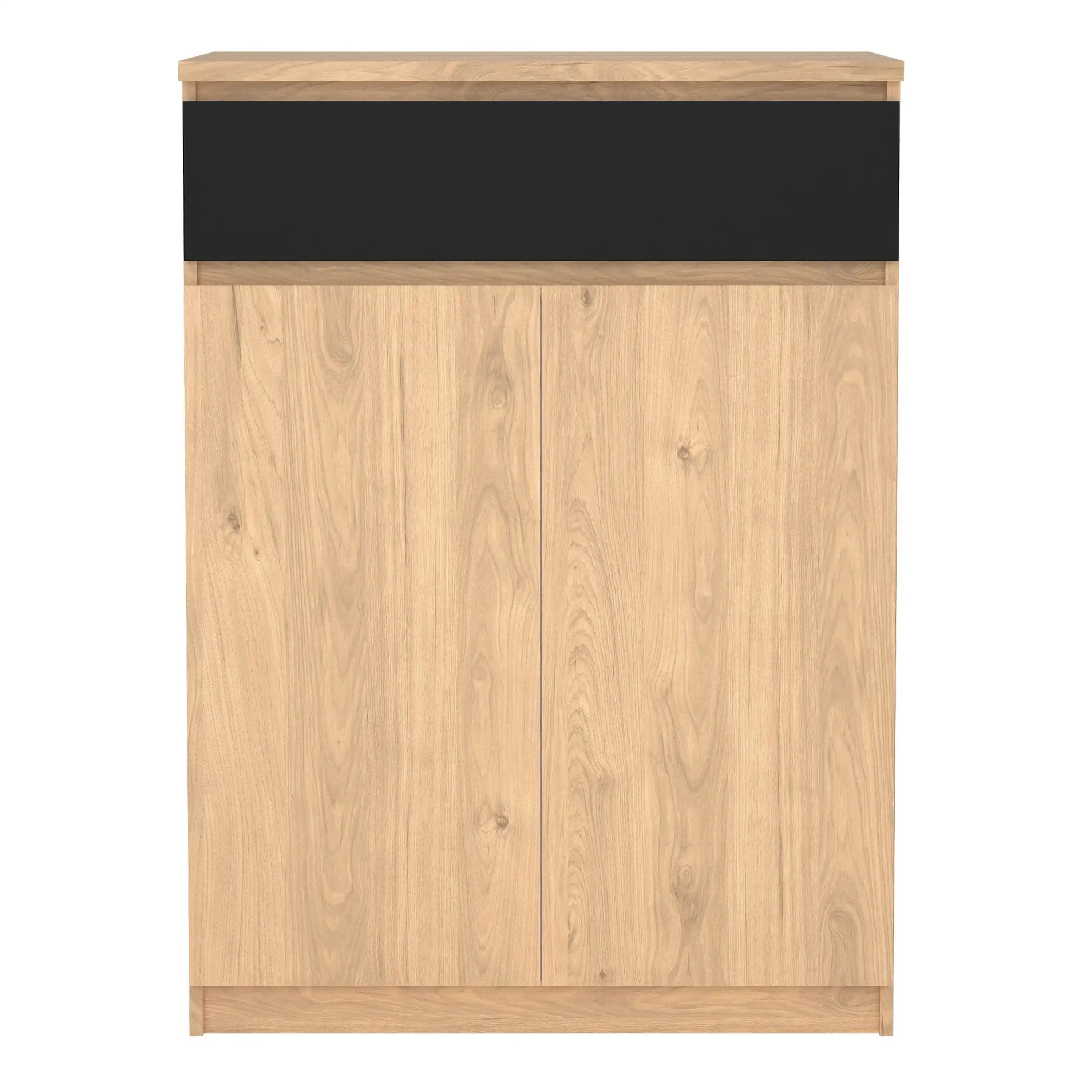 Naia Shoe Cabinet With 2 Doors 1 Drawer In Jackson Hickory Oak And Black - Price Crash Furniture