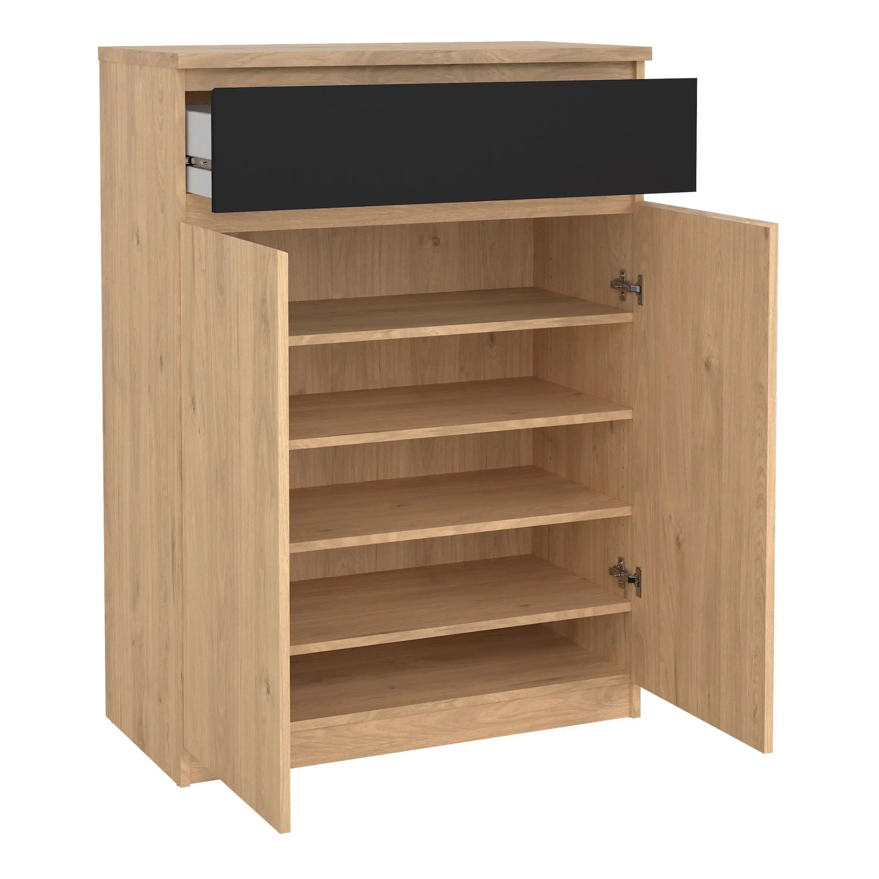 Naia Shoe Cabinet With 2 Doors 1 Drawer In Jackson Hickory Oak And Black - Price Crash Furniture