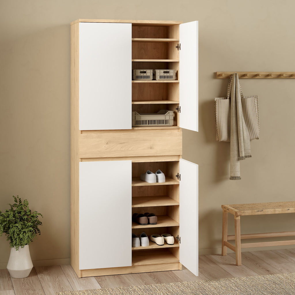 Naia Shoe Cabinet With 4 Doors 1 Drawer In Jackson Hickory Oak And White - Price Crash Furniture