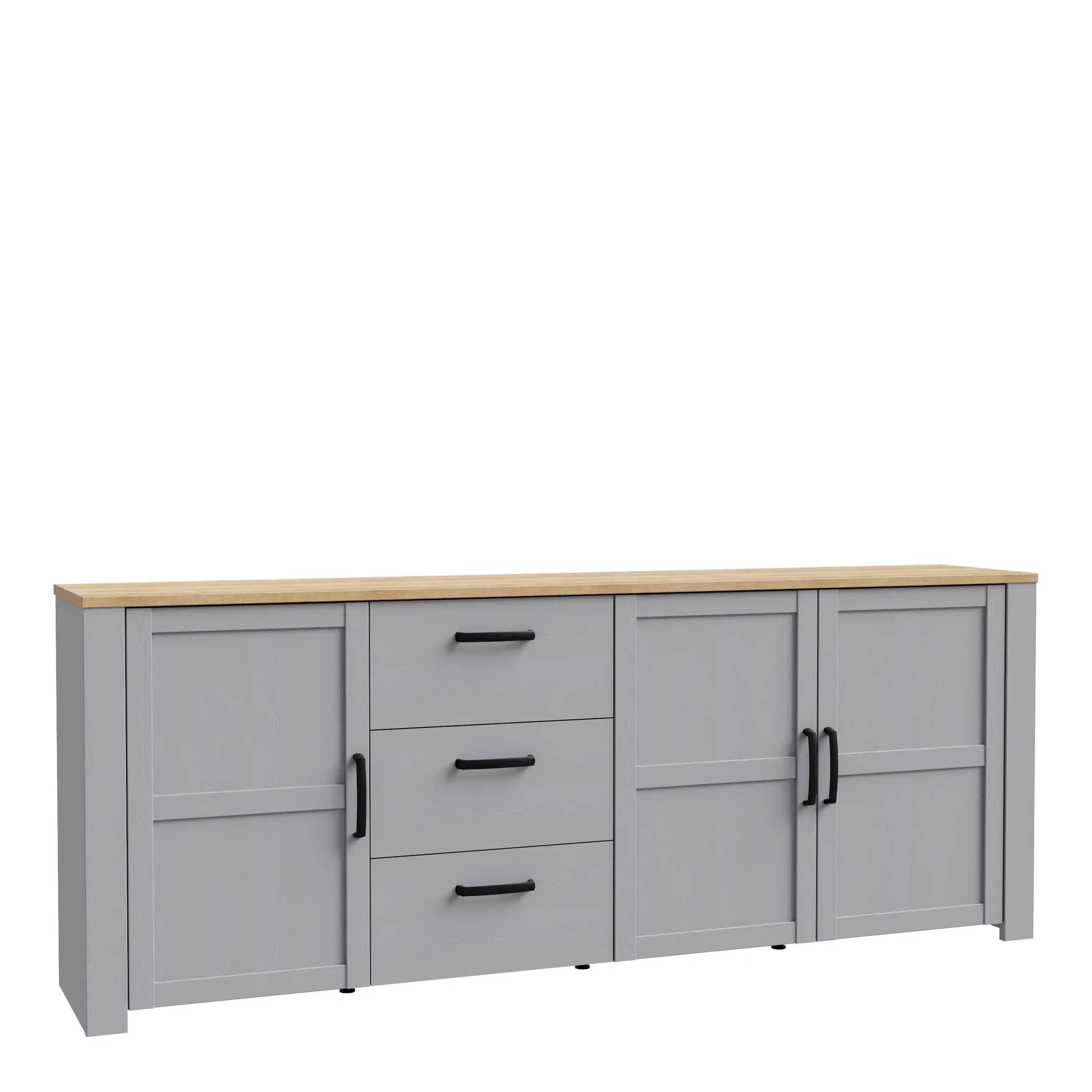 Bohol 3 Door 3 Drawer Large Sideboard Buffet Unit In Riviera Oak & Grey Oak - Price Crash Furniture
