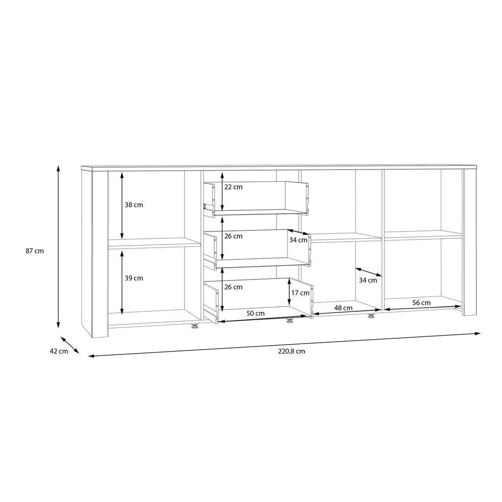 Bohol 3 Door 3 Drawer Large Sideboard Buffet Unit In Riviera Oak & Grey Oak - Price Crash Furniture
