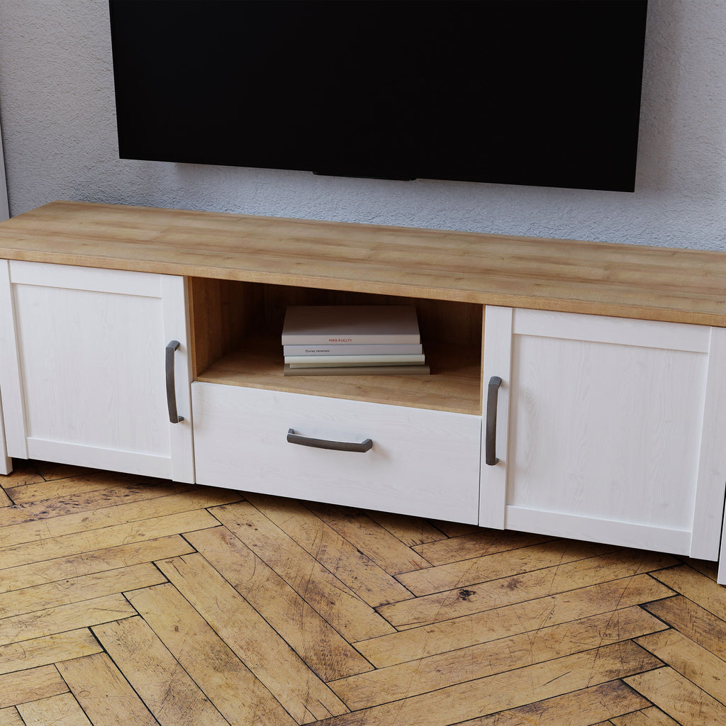 Bohol Designer 2 Door 1 Drawer TV Unit In Riviera Oak & White - Price Crash Furniture