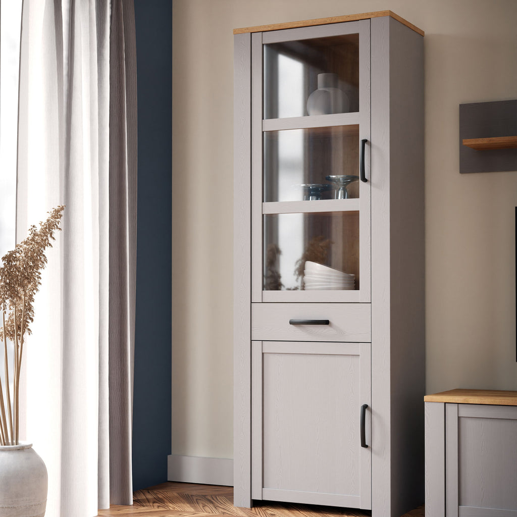 Bohol 2 Door 1 Drawer Tall Narrow Display Cabinet In Riviera Oak & Grey Oak - Price Crash Furniture