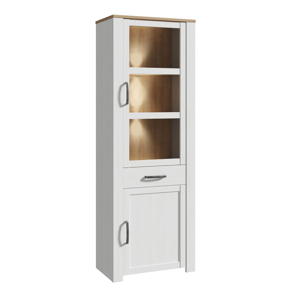 Bohol 2 Door 1 Drawer Tall Narrow Display Cabinet In Riviera Oak & White - Price Crash Furniture