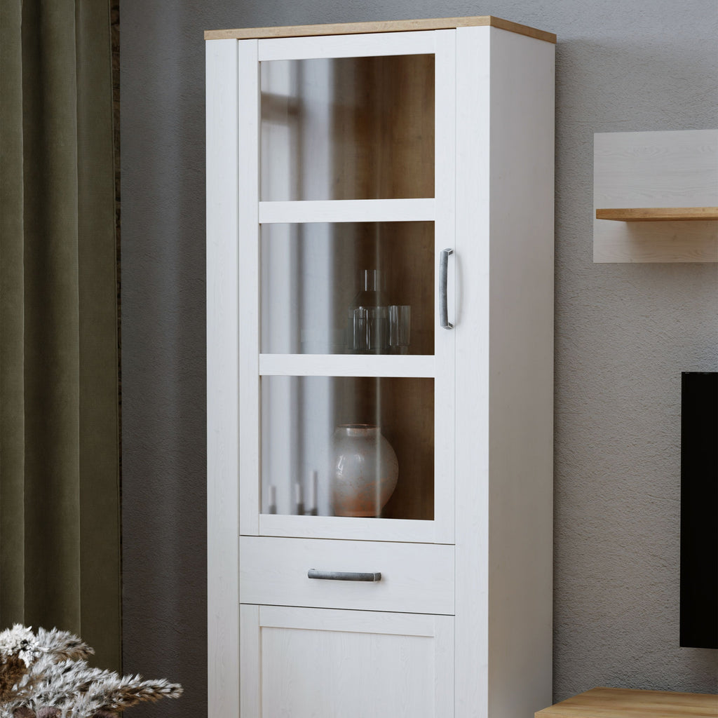 Bohol 2 Door 1 Drawer Tall Narrow Display Cabinet In Riviera Oak & White - Price Crash Furniture