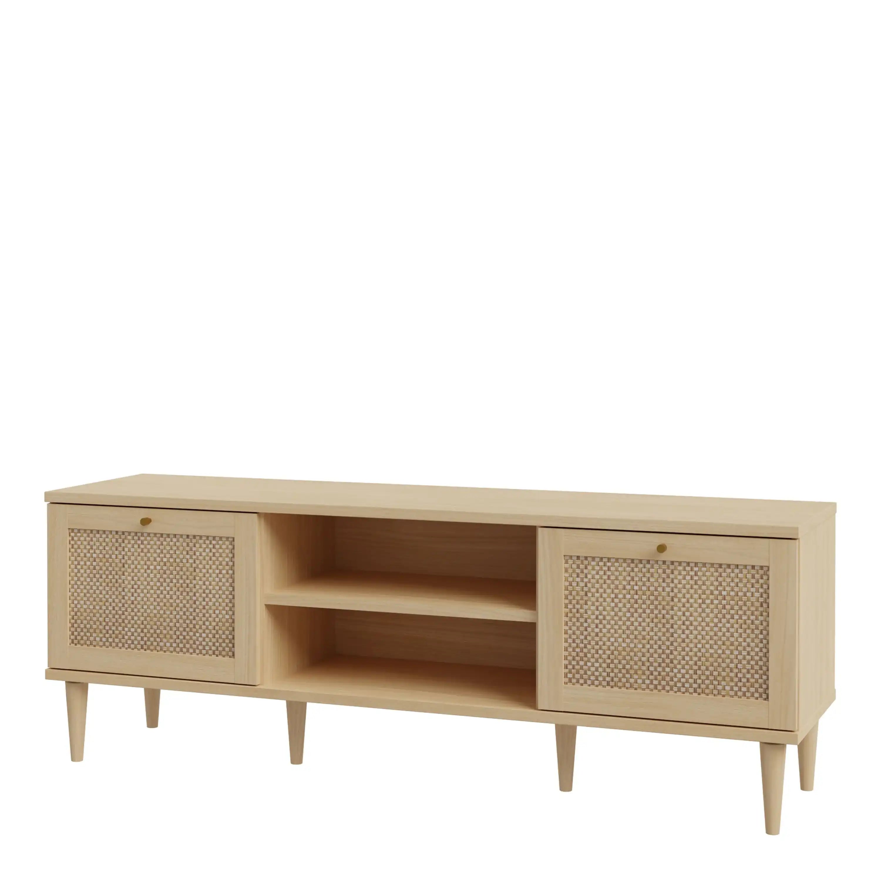 Calasetta 2 Door 1 Shelf TV Cabinet In Light Oak & Rattan - Price Crash Furniture