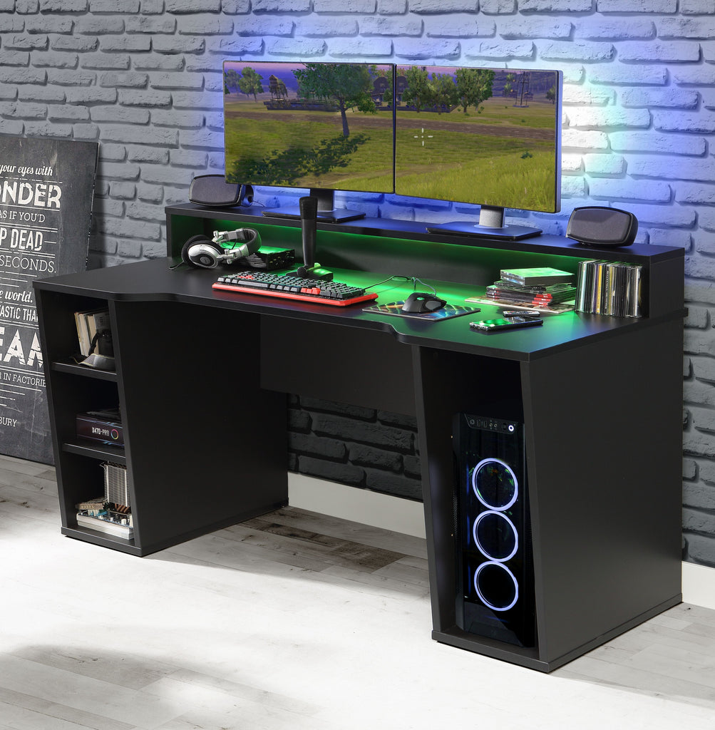 Tezaur Gaming Desk 2 Shelves With LED In Matt Black - Price Crash Furniture