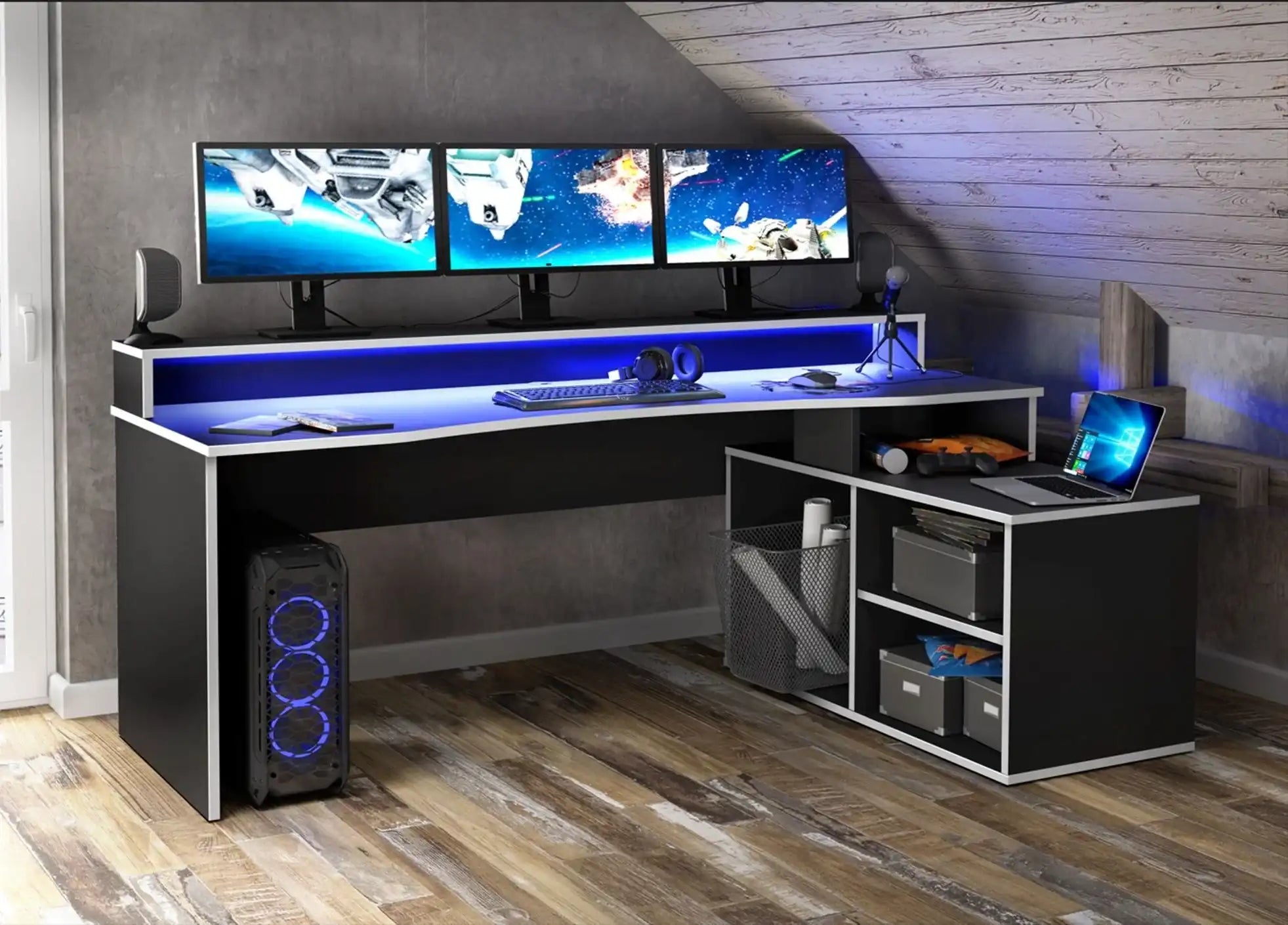 Tezaur 200cm Gaming Desk With LED In Black & White - Price Crash Furniture