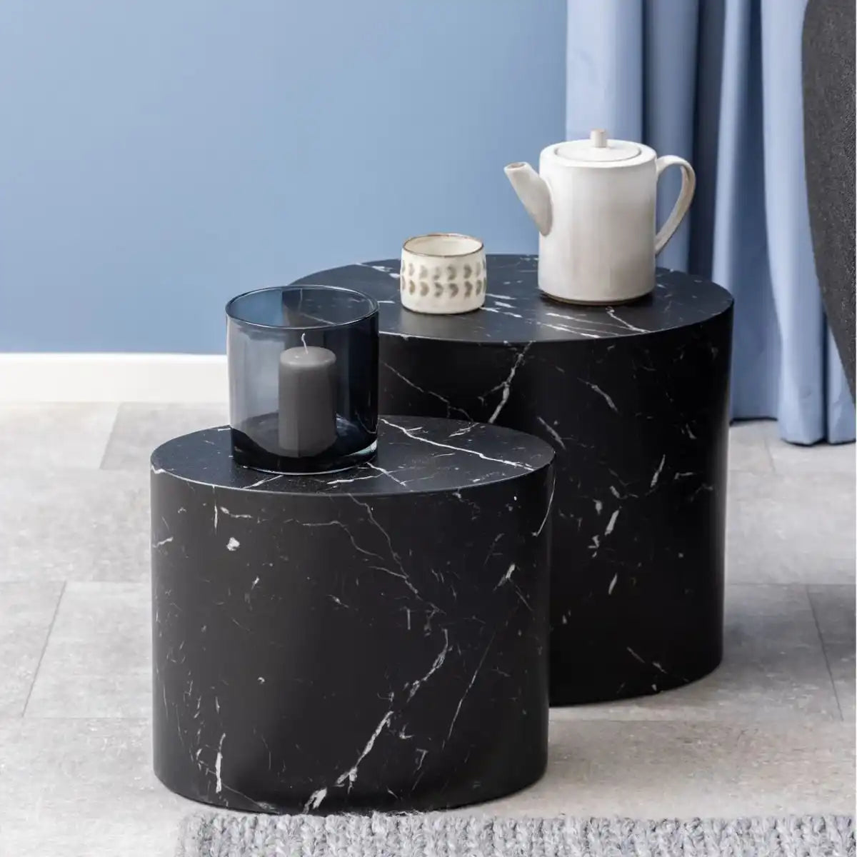 Mice Oval Coffee Table Set In Black Marble Finish - Price Crash Furniture