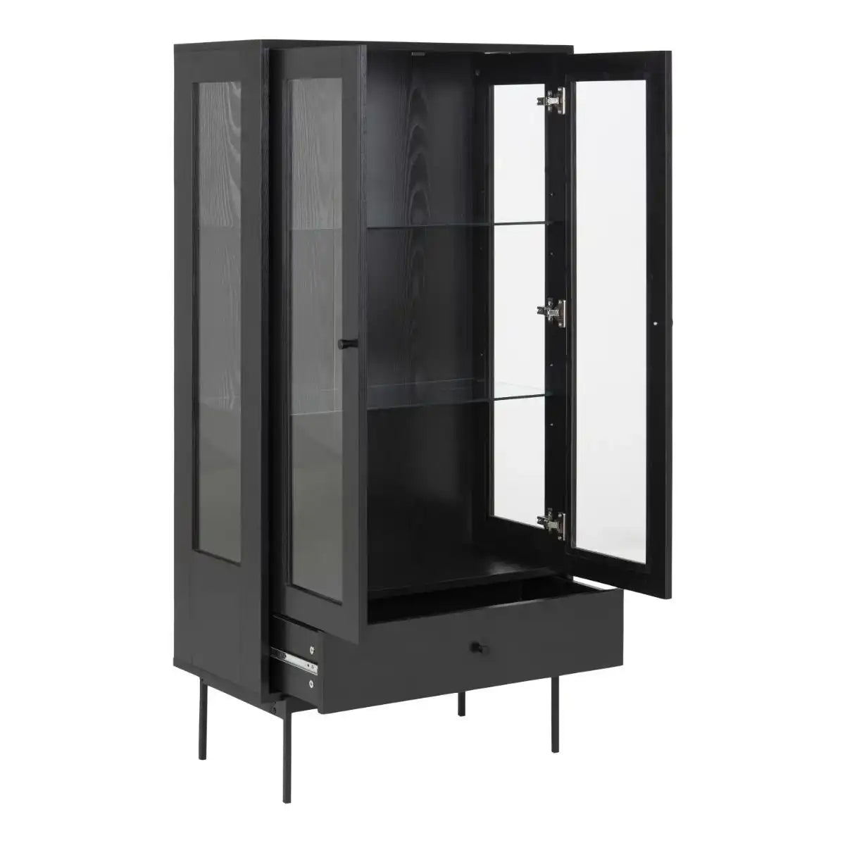 Angus 2 Door 1 Drawer Glazed Display Cabinet In Black Ash - Price Crash Furniture