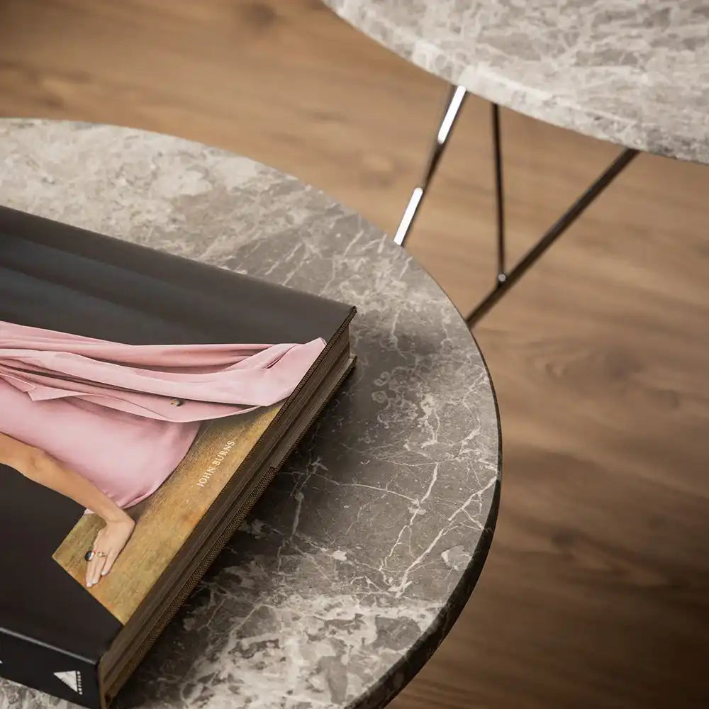 Prunus Round Coffee Table With Grey Brown Marble Top - Price Crash Furniture