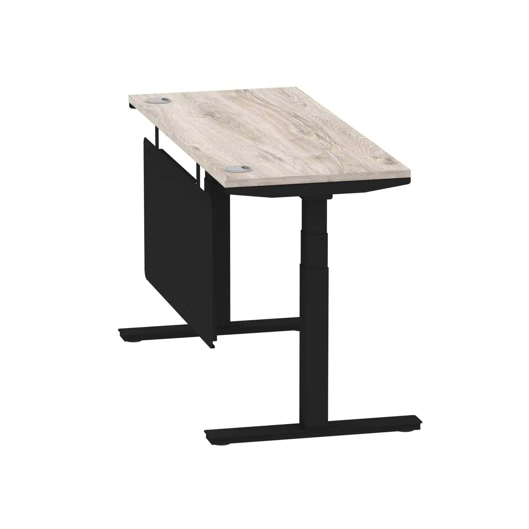 Air Modesty 600mm Height Adjustable Office Desk Grey Oak Top Cable Ports Black Leg With Black Steel Modesty Panel - Price Crash Furniture