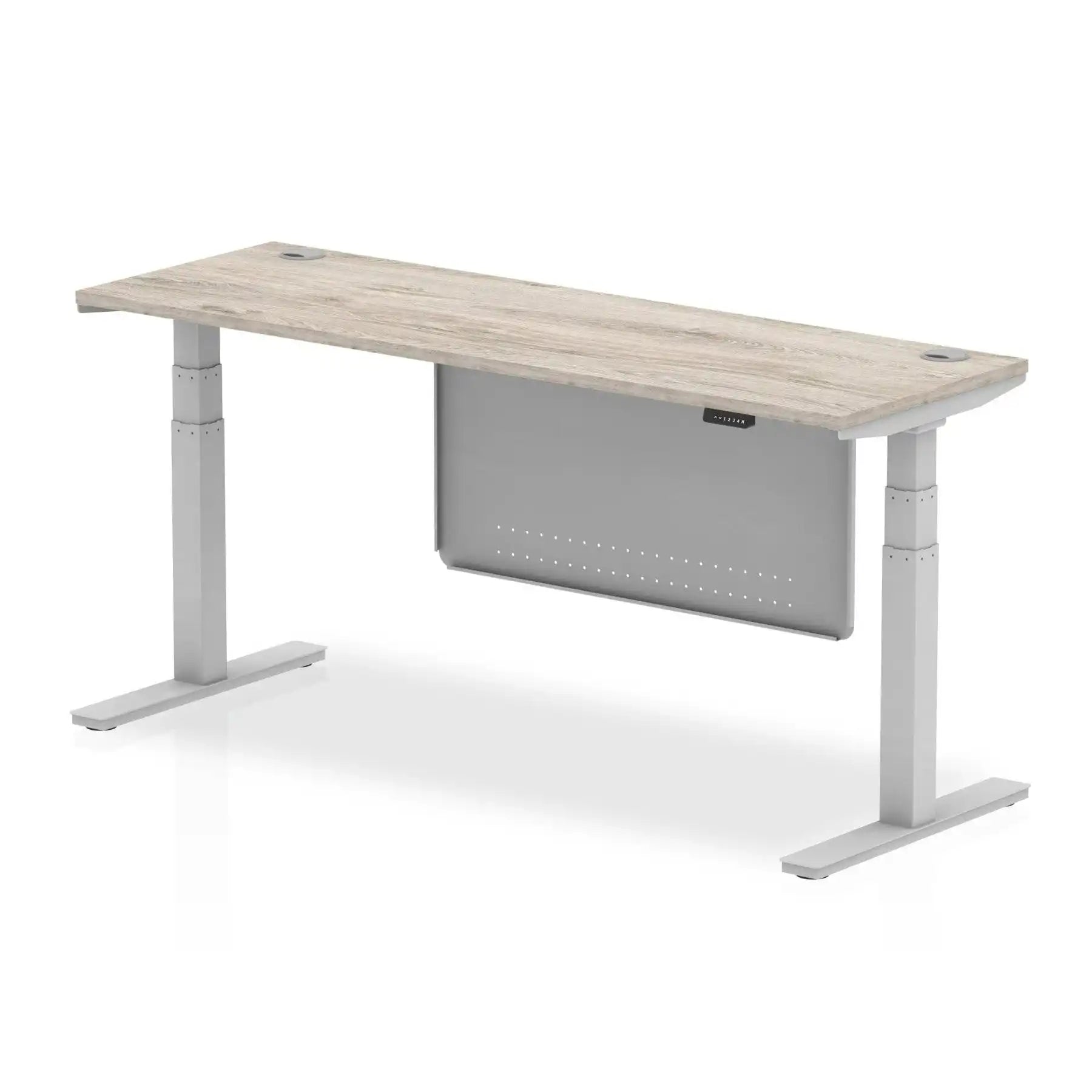 Air Modesty 600mm Height Adjustable Office Desk Grey Oak Top Cable Ports Silver Leg With Silver Steel Modesty Panel - Price Crash Furniture