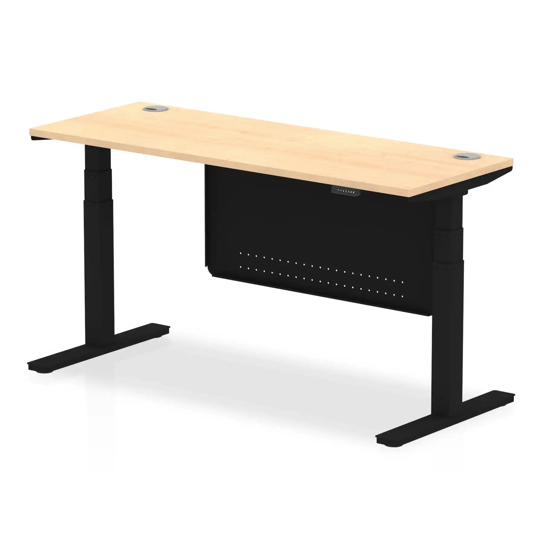 Air Modesty 600mm Height Adjustable Office Desk Maple Top Cable Ports Black Leg With Black Steel Modesty Panel - Price Crash Furniture